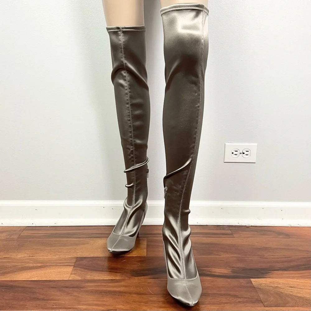 FREE PEOPLE GRAY SATIN OVER-THE-KNEE BOOTS - Picture 7 of 9